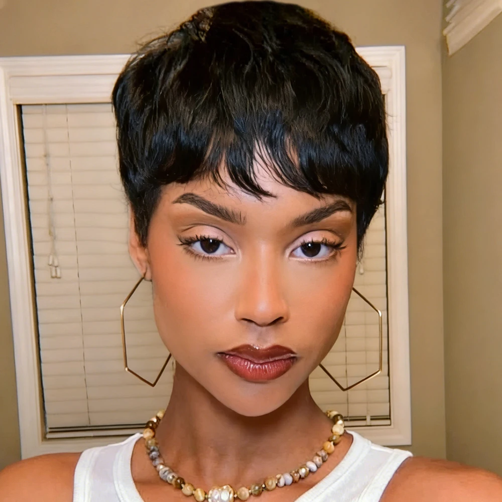 

Pixie Cut Wig Human Hair Short Pixie Cut Wigs Brazilian Virgin Human Hair Wigs for Women Natural Black Full Machine Wigs
