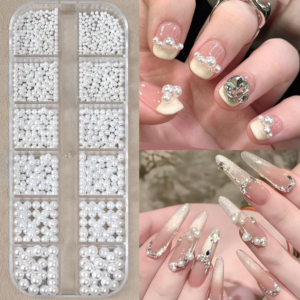 600-700 stks/doos Gemengde Grootte Ronde ABS Parel Kralen 3D Nail Charms 0.15-0.5 CM Ronde/Halve Cirkel Witte Parel Nail Art DIY Nail Parel