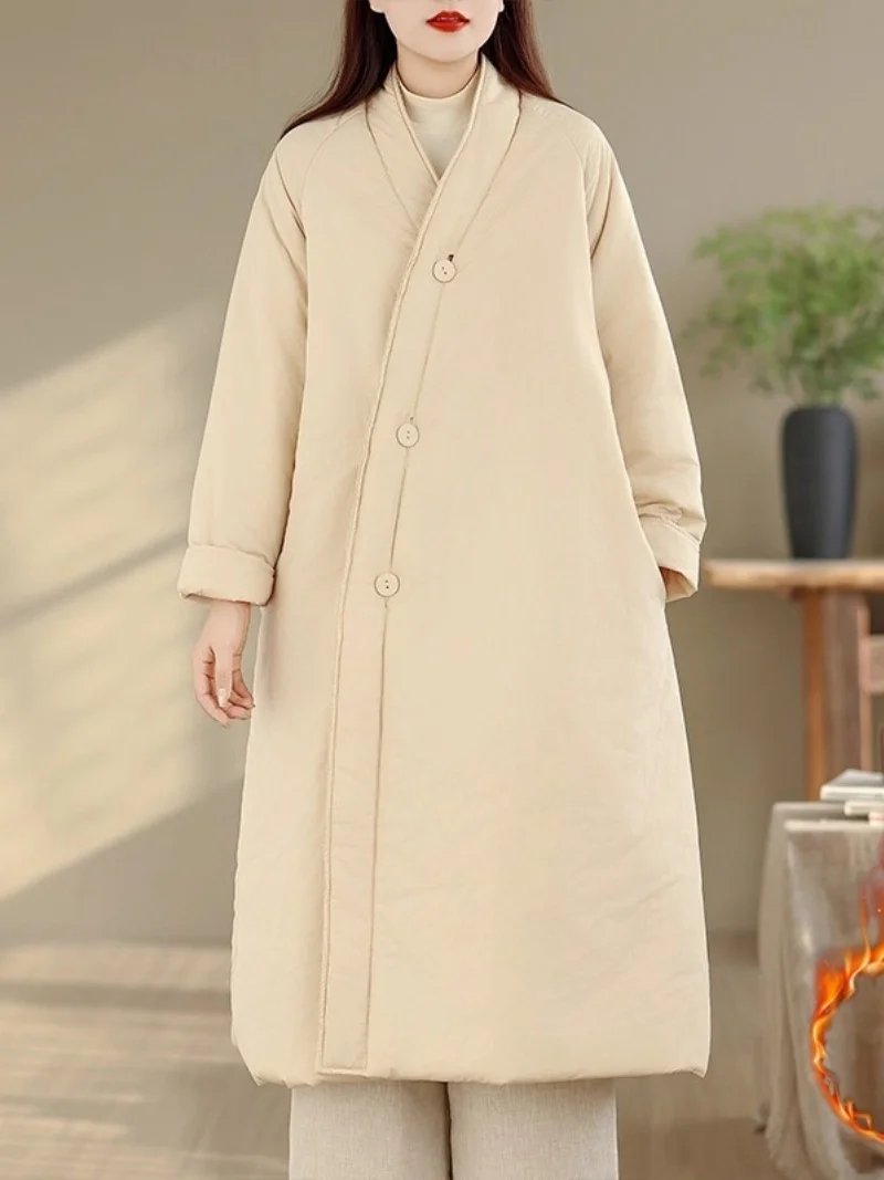 Giacca in cotone Hanfu retrò per il tempo libero da donna semplice e ampia, colletto obliquo caldo, cappotto imbottito medio e lungo spesso W1461