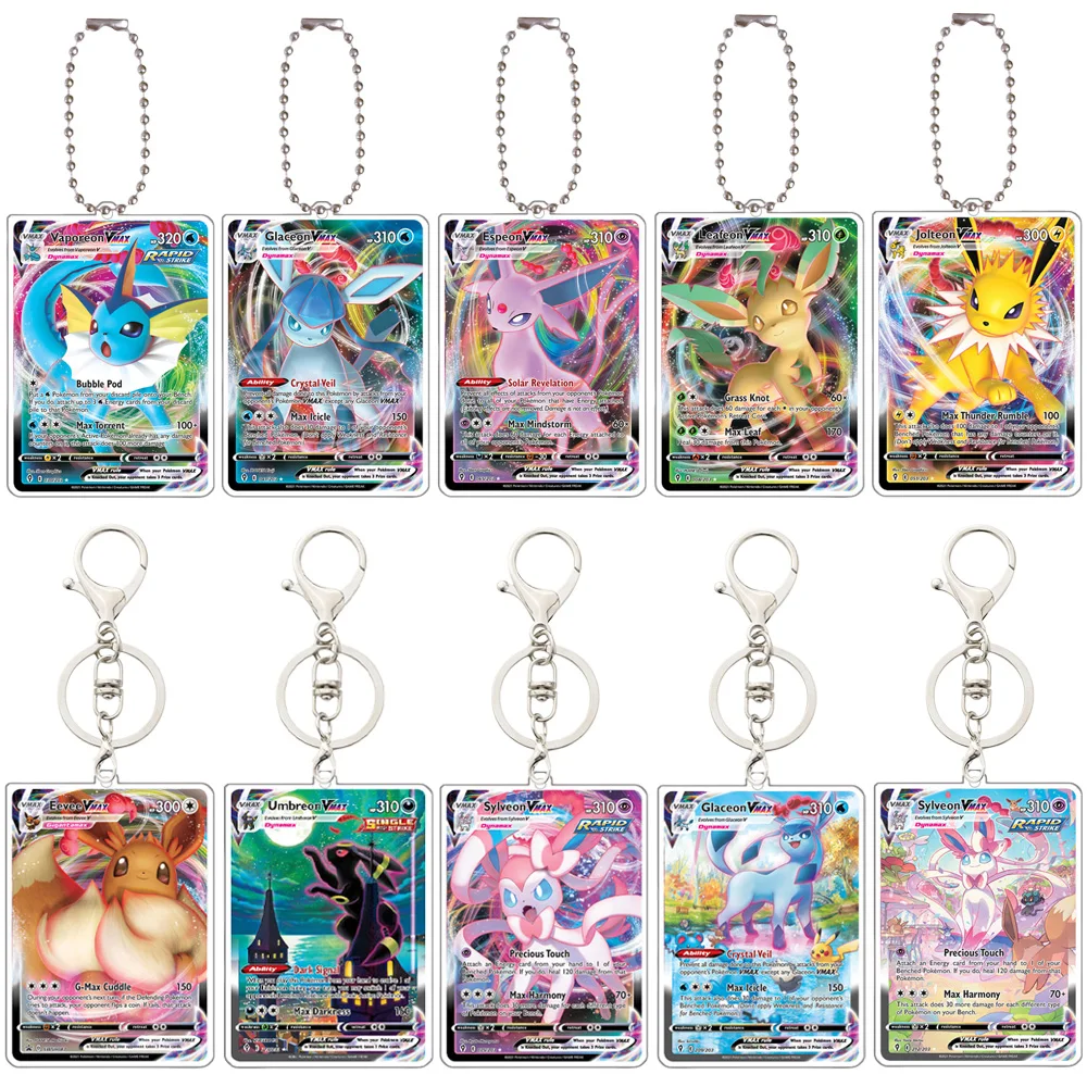 Pokemon Eevee Vaporeon Sylveon Flareon Jolteon Glaceon Espeon Leafeon Umbreon V Max Acrylic Game Card Keychain Pendant