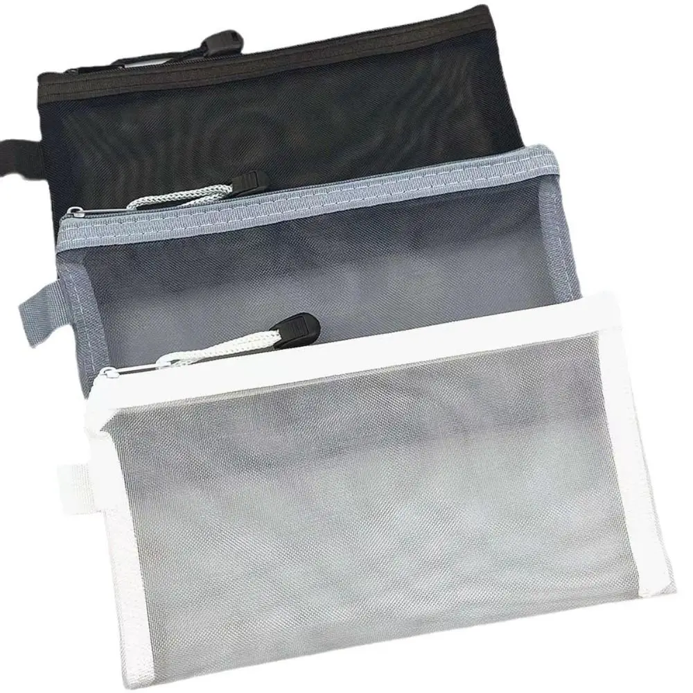 

Gray Black Makeup Case Large Capacity Mesh Transparent Cosmetic Brush Bags Students Solid Color Zipper Nylon Pencil Case