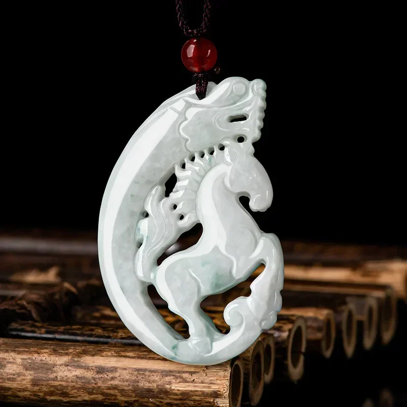 Natural Myanmar A-grade Jade Ancient Dragon Horse Spirit Zodiac Horse Pendant Sticky Jade Men Pendant Female Hand Carved Jewelry