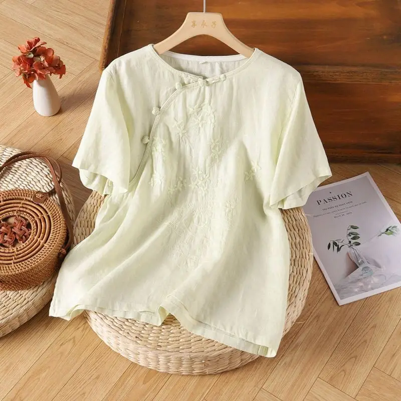 Women Summer Vintage Elegant Loose Cotton and Linen Embroidered O-neck Short Sleeve Shirts Ladies Casual All-match Buttons Tops