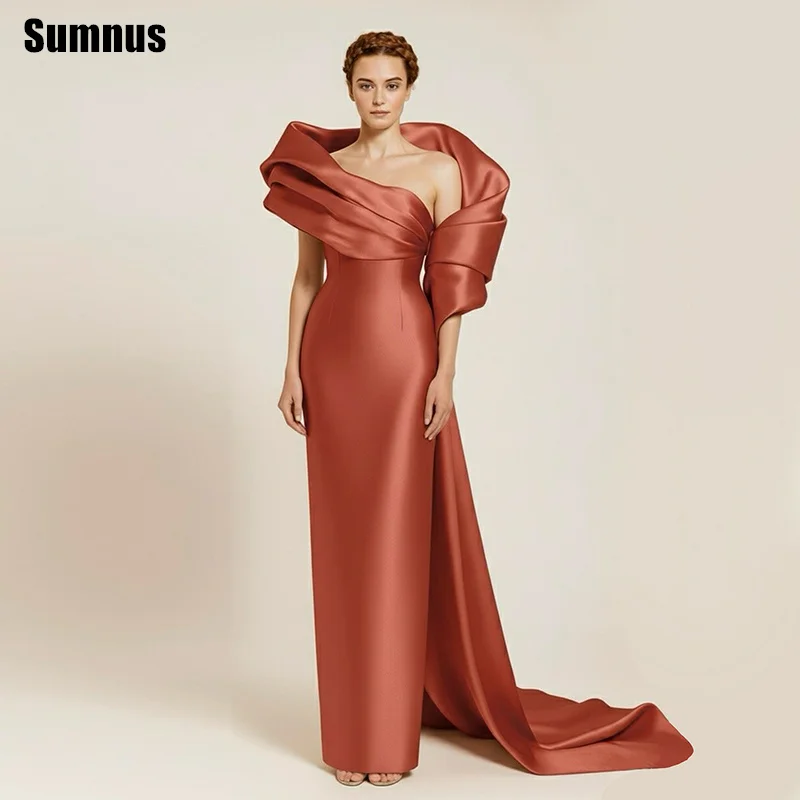 

Sumnus Simple Mermaid Evening Dresses Off Shoulder Pleats Floor Length Formal Dress With Train فساتين سهرة Customized