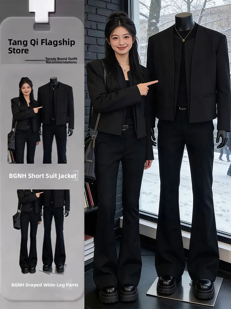

New Chinese Sle Casual Suit Jaet Men's High-End Feeling Haome ort oulder Jaet No Collar Western Wear Set