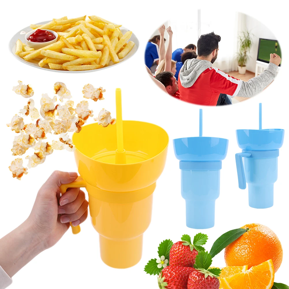 1000ml Snack Cups with Straw Multifunction Snack and Drink Cup Popcorn Beverage Cup Leak-Proof Color Changing for Kids Adults