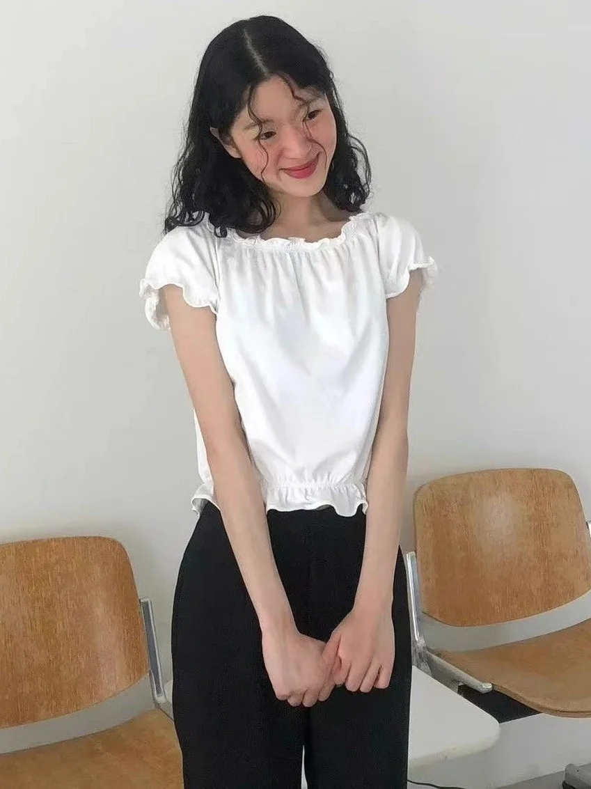 

Chic Beautiful Wooden Bell Sve irt Women Summer Unique ort Top T-irt Sweet Sle High Waist round Ne ort Sl...