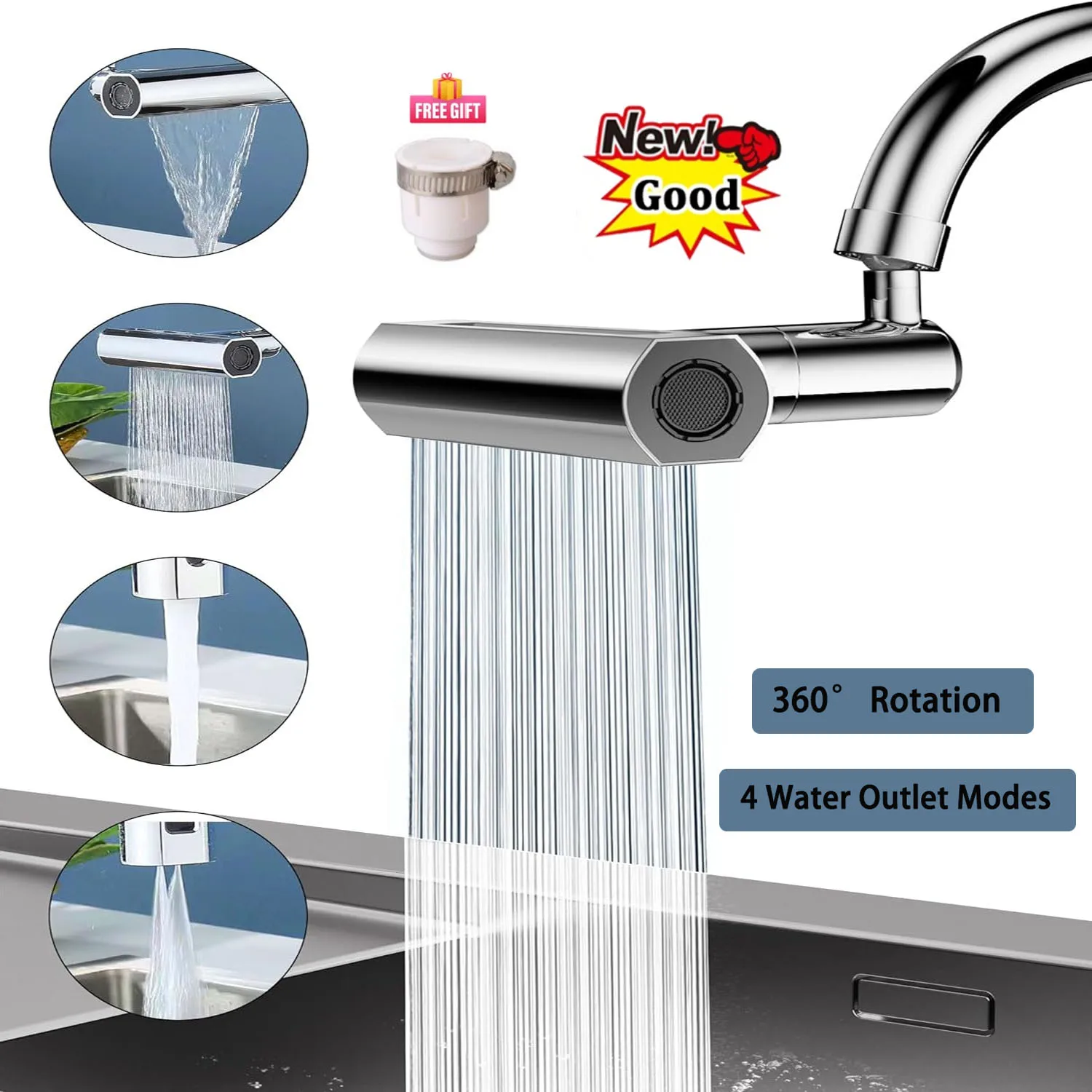 

4 in 1 Waterfall Kitchen Faucet Universal 360° Swivel Spout Extender Splash-Proof Sink Faucet Aerator Washing Fruit Vegetable