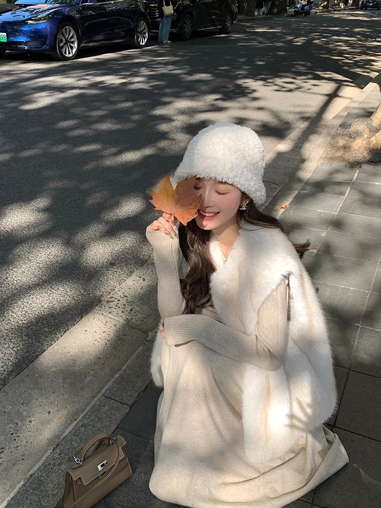 

Chen DaYu Women's Faux Fur Vest Warm Outerwear Eco-friendly Leather Coat oulder Pad Vest Mid-Length ket round Ne