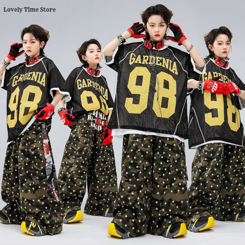 Boys Hip Hop Mesh T-shirt ‌pentagram‌ Camouflage Pants Girls K-pop Street Dance Costumes Child Streetwear Kids Jazz Clothes Sets