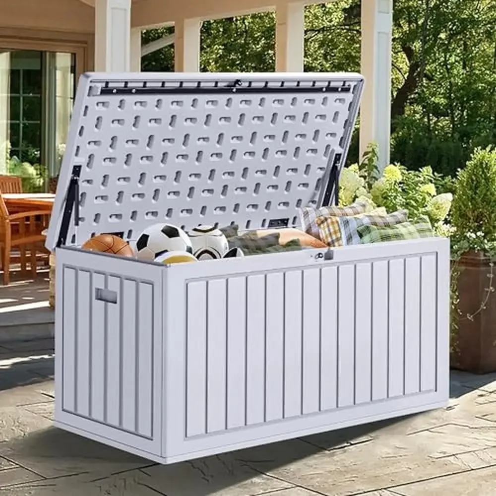 

Patio Deck Box Storage Container Double-Wall Structure 90 Gallon Lockable Lid & Side Handles