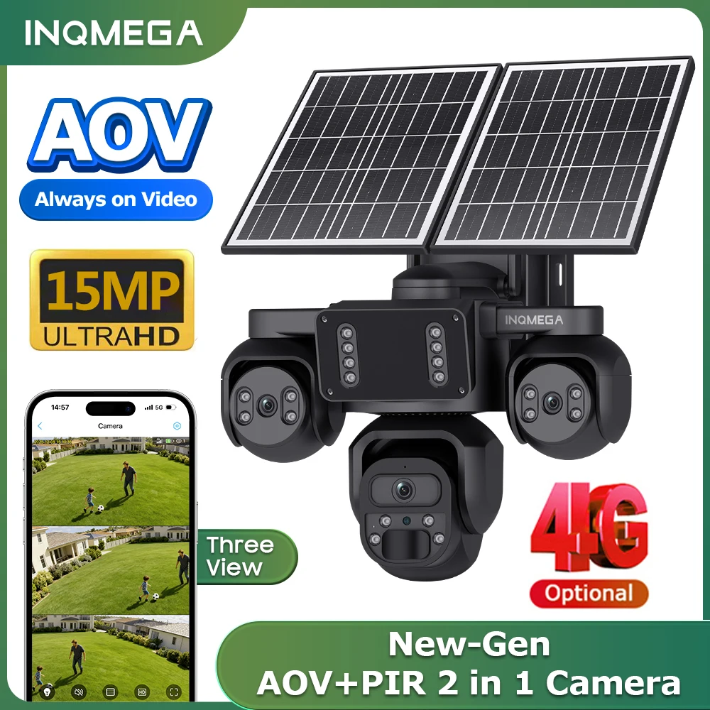 INQMEGA AOV 3-Screens Solar Camera Outdoor 4G 24/7 Video Recording CCTV Cameras Solar Powered Battery PTZ Len Always On Video
