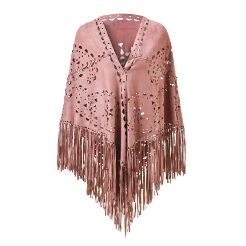 Autumn Winter Womens Suede Hollow Flowers Tassel Cape  Warm Scarf