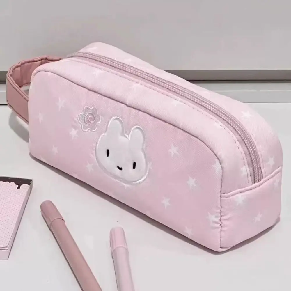 New Pink Pen Bag Star Rabbit Pattern Handheld Stationery Bag Zipper Design Large Capacity Pencil Case School Office