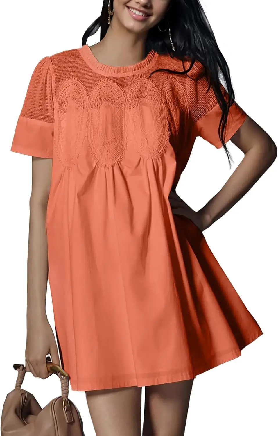 

Women's Summer Lace Mini Dress Ruffled Collar Short Sleeve Flared A-Line Hem Babydoll Sundress(102-002)