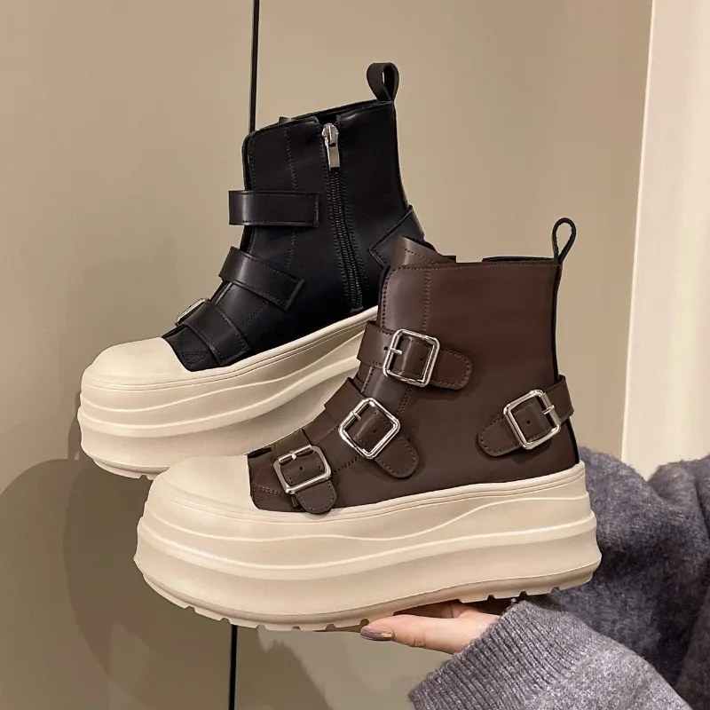 Platform Booties Autumn New Round Toe Metal Buckle Colorblock Side Zipper Anti-Slip Wear-Resistant Single Shoes