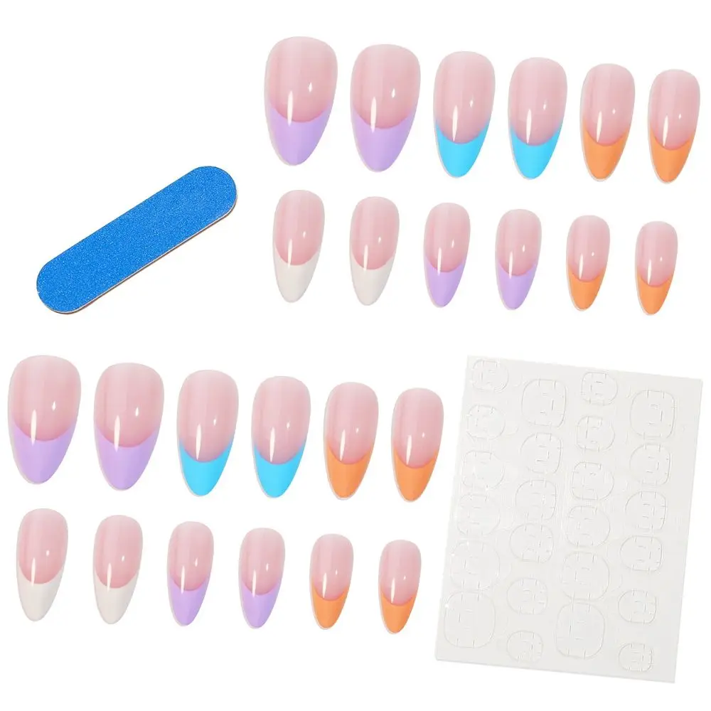 24pcs/Box Press On Nails Artificial Manicure Tool Wearable Flower Almond False Nails Nail Tips French Fake Nails