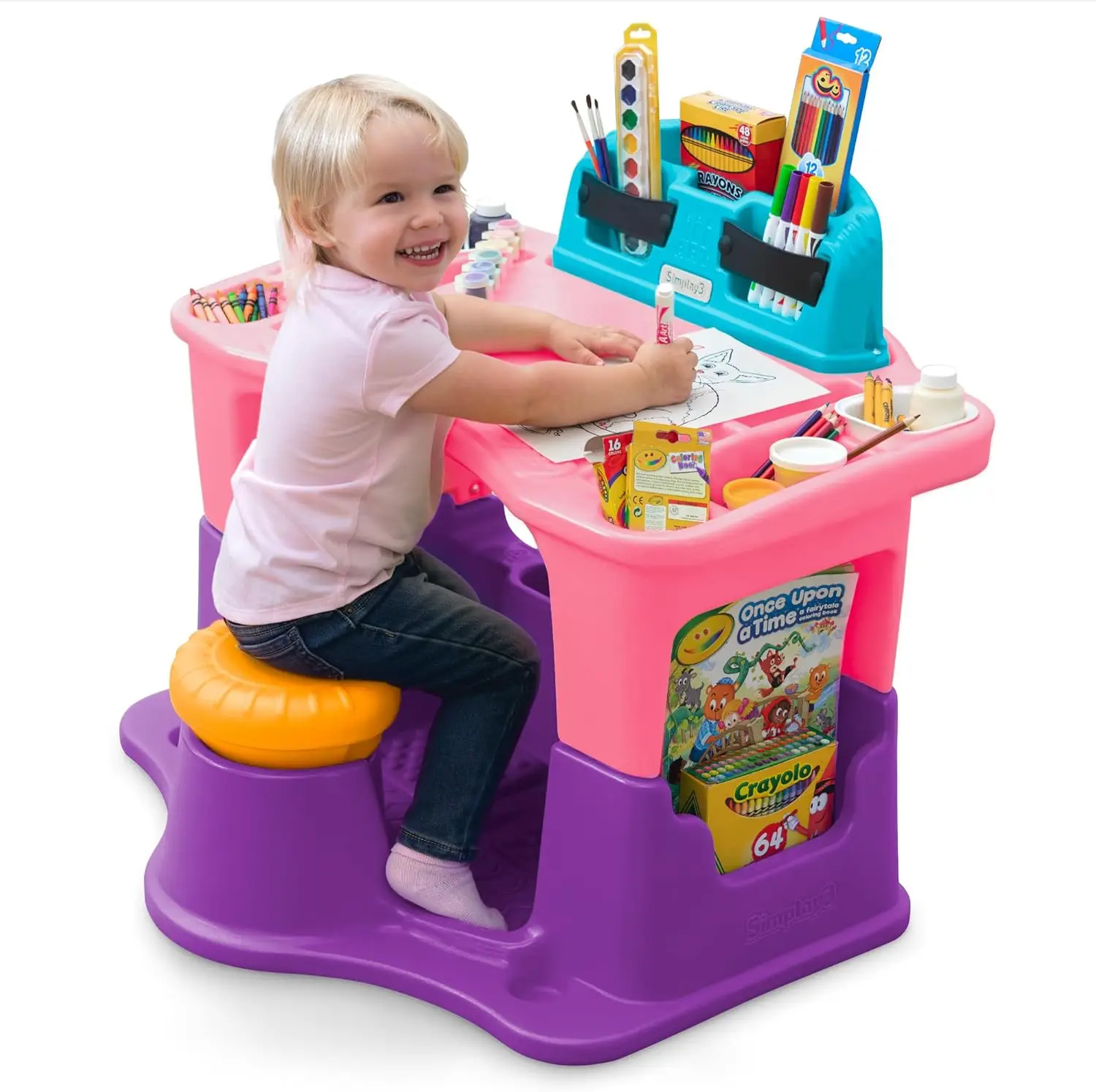 

Creative Kids Art Desk Table And Chair Set With Attached Desk Chair, Full Floor And Art Storage