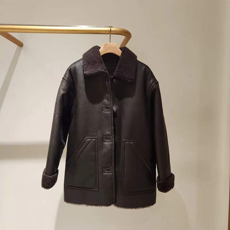 

【Gift Free】2025 Autumn/Winter Urban Nomad Vintage Soft Sheepskin Black Fur-Collar Casual Leather Jacket
