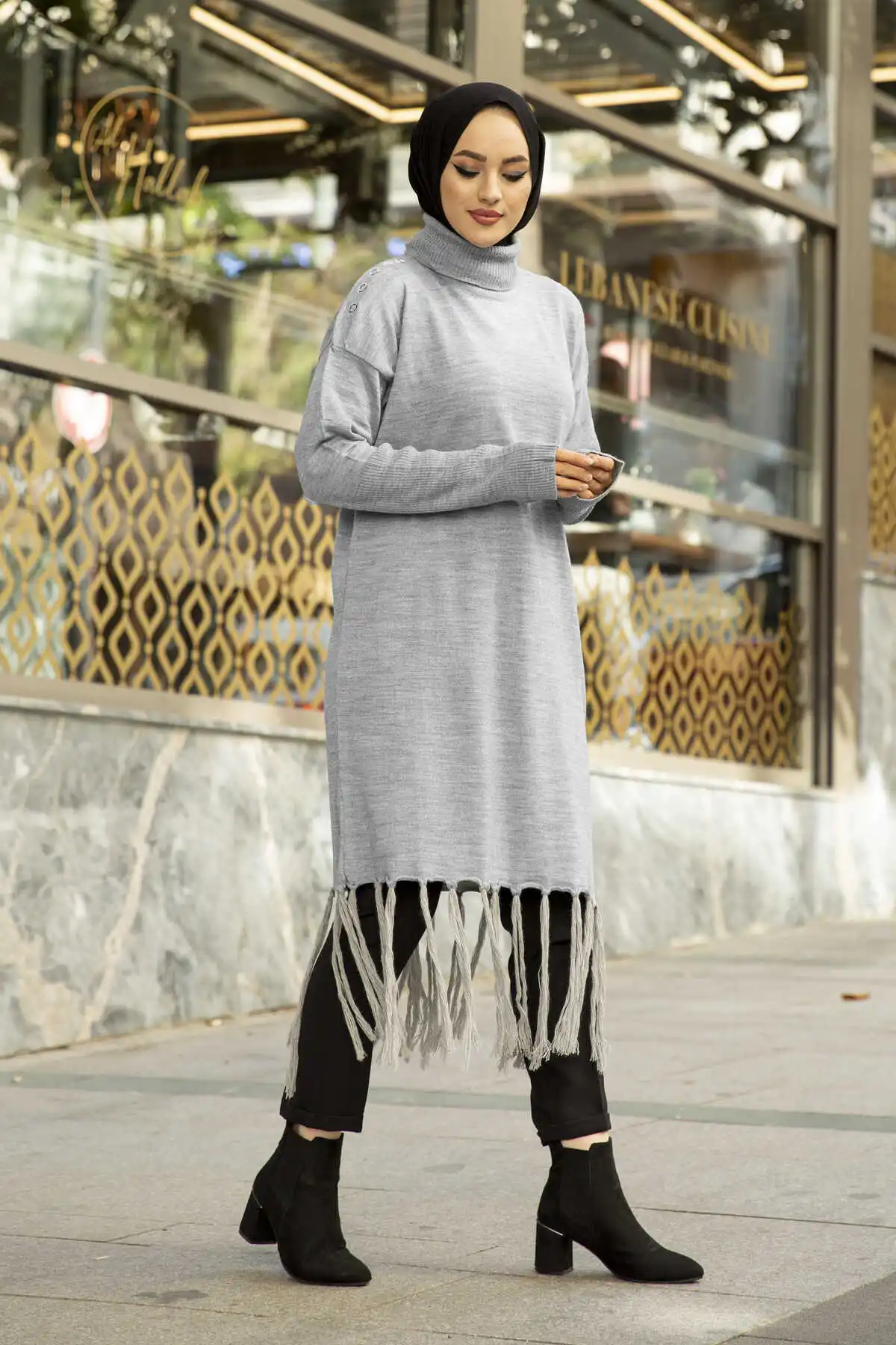 Tassels Hijab Knitwear Tunik Gray Winter Autumn 2021 Muslim Women Hijab headscarf islamic Turkey