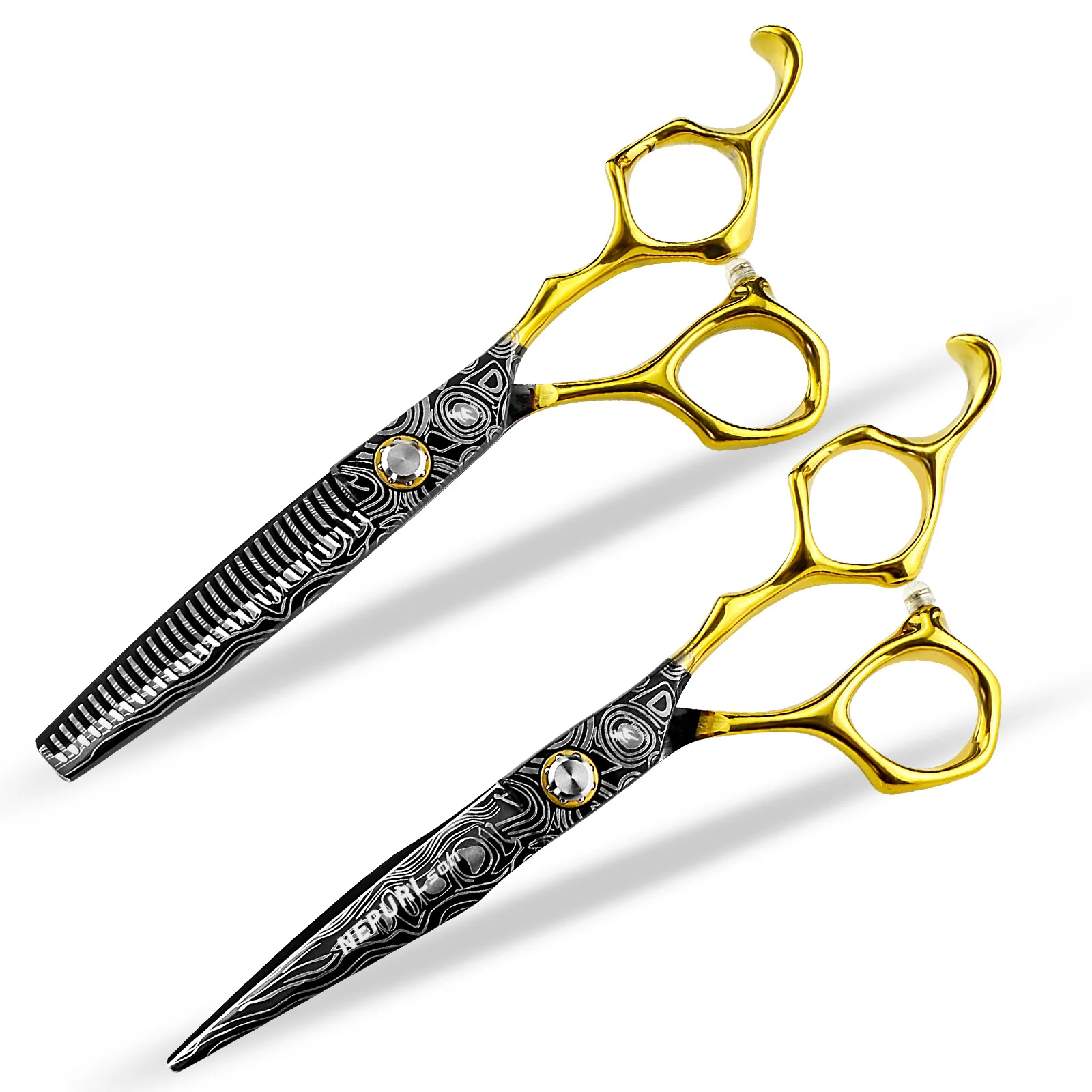 6.0-inch Damascus-pattern 440c steel hair scissors, specially designed for professional hairstylists, suitable for hair styling.