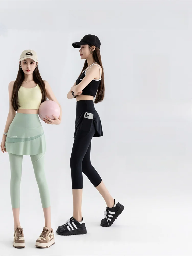 High Waist Yoga Pants Women's Thin Sporty Bottom Skirt Two-Piece Suit  Gold Wing Summer Autumn Elastic Leggings
