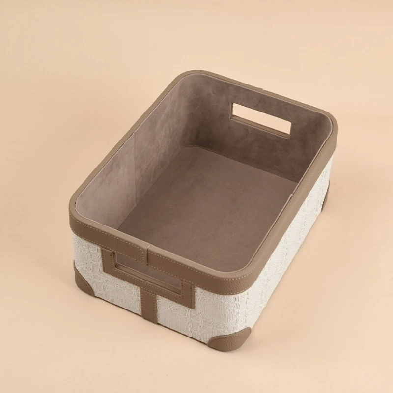 

Leather Storage Box French Style Luxury Organizer for Desk Office Supplies Jewelry Home Decoration Woven Basket with Lid