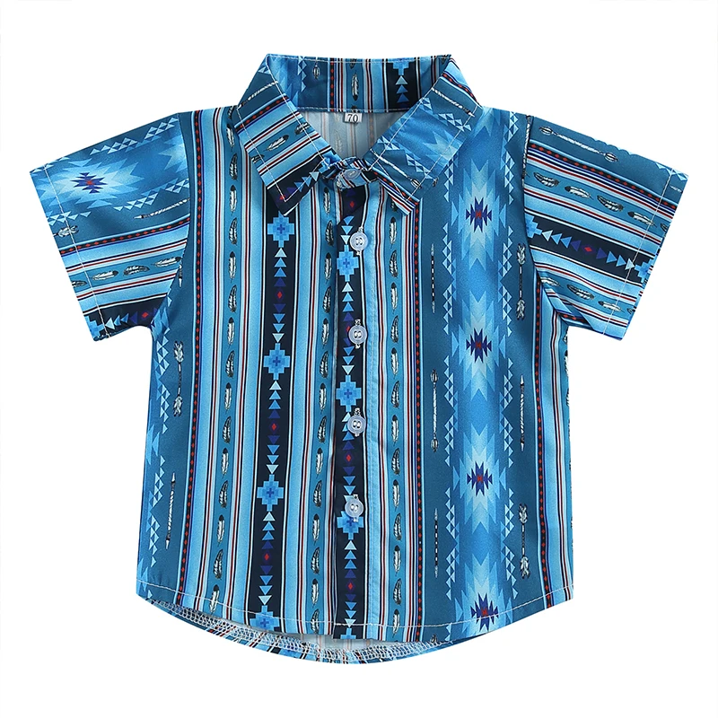 Baby Western Summer Clothes Short Sleeve Aztec Print Shirt Lapel Button Shirt Top Country Cowboy Shirt 6M-4T