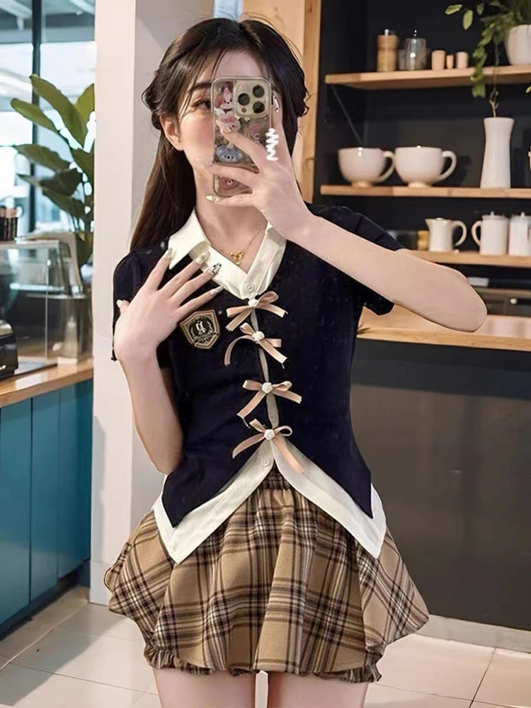 Retro Jk Set da due pezzi Estate Preppy Bow Spalline Top da donna American Hotsweet Vintage Plaid a pieghe Mini Cake Gonne Nuovo