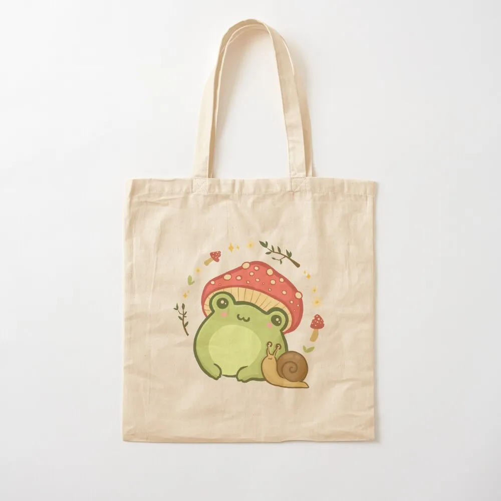 

Cute Kawaii Frog with Toadstool Mushroom Hat and Snail: Cottagecore Aesthetic Love Tote Bag