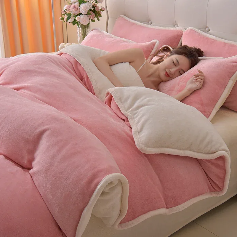 Simple wind milk fleece four-piece set thickened coral fleece solid color bed sheet quilt cover single piece fleece winter - view 4