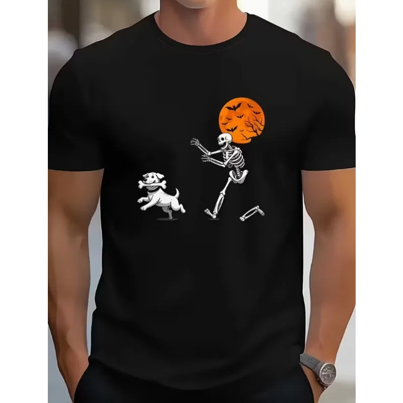Men's Funny Halloween Skeleton and Jack Russell Terrier Chase Pattern T-shirt Round Neck Short Sleeved Top Humorous Skeleton Dog