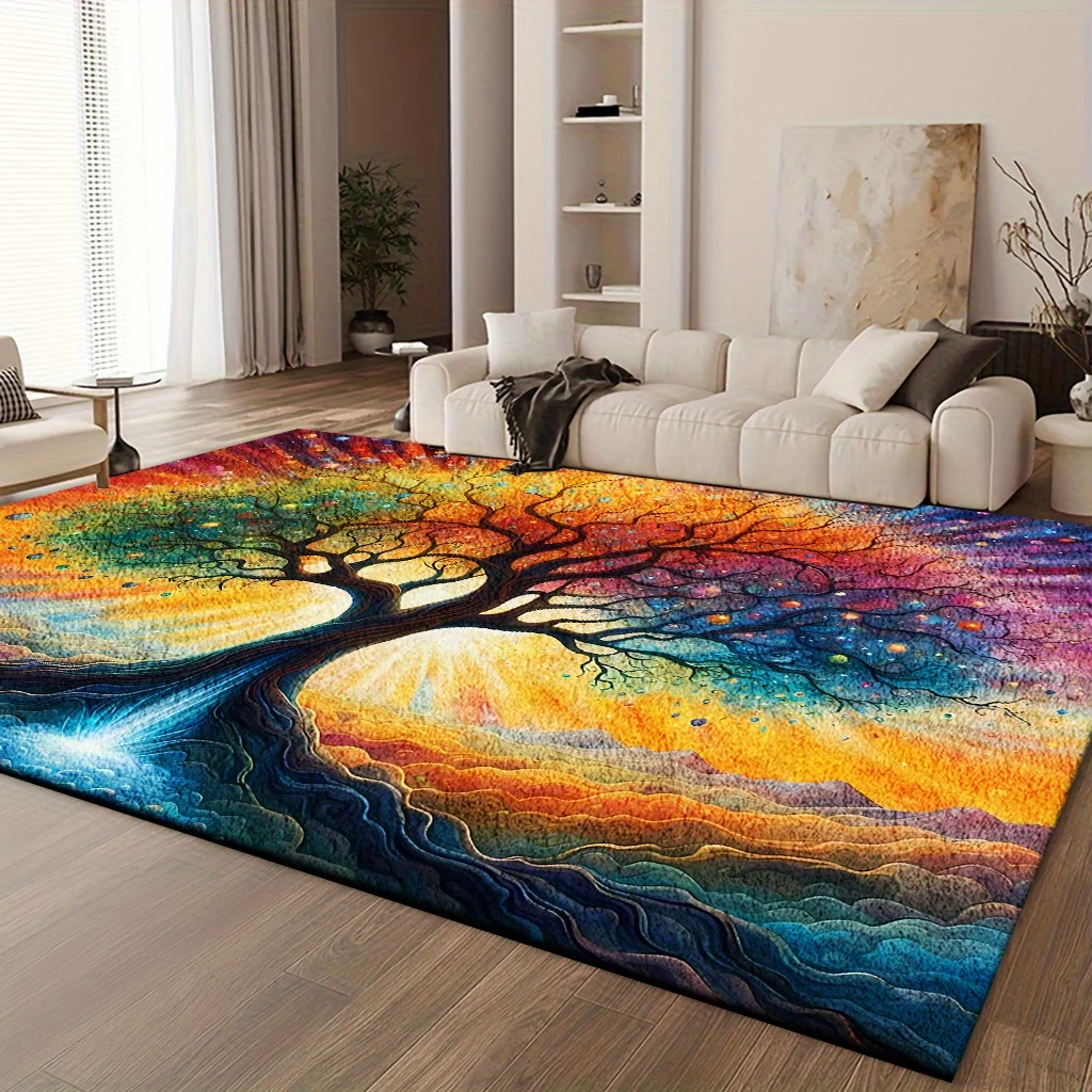Luxury Tree of Life Large Rug, Thick Soft Pile Machine Washable, Modern Abstract Yellow Green Blue Mat for Bedroom Office Decor