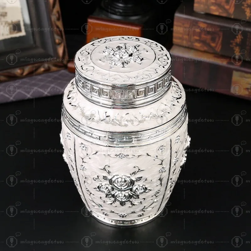 Rose Design Silver White Tea Canister, Large Sealed Moisture-Proof Storage, Decorative Craft view 3