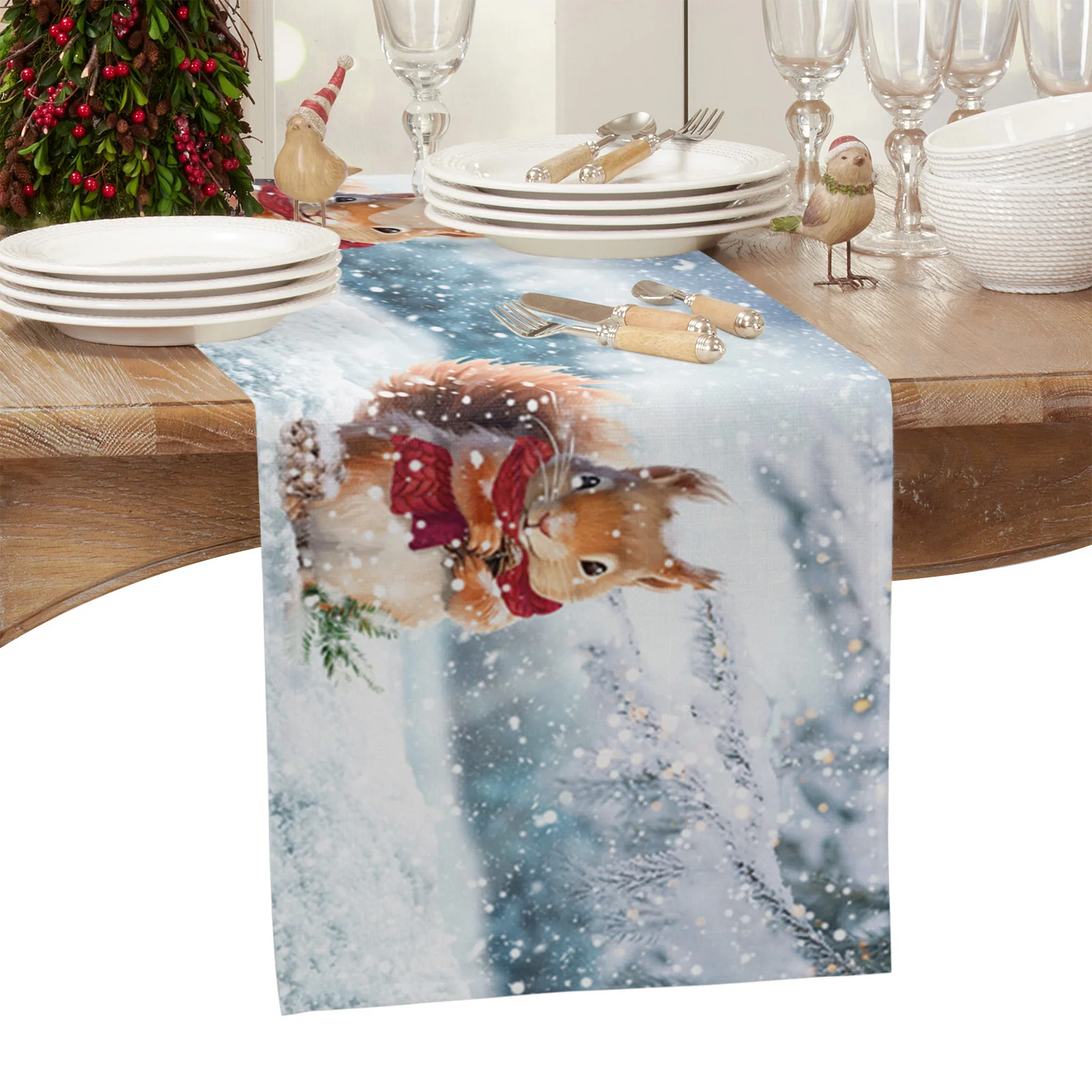 Winter Snow Pine Cone Squirrel Linen Table Runner Dresser Scarves Decor Reusable Kitchen Dining Table Christmas Decorations