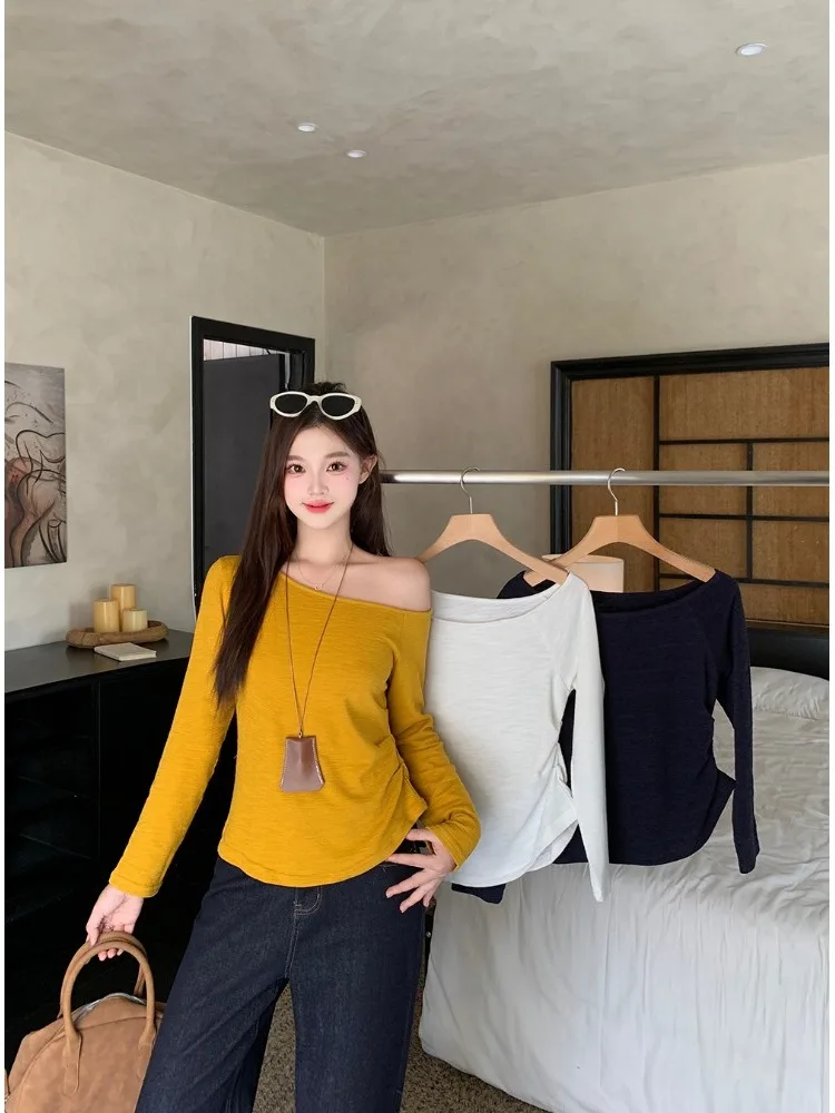 

plus Size Shoulder Baring Long Sleeve T Shirt Stylish Slimming Versatile Design Head over Heels Korean Style Commute Fashion