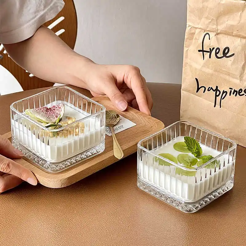 Vintage Striped Glass Ice Cream Bowl Square Dessert Fruit Oatmeal Breakfast Bowls Mini Transparent Yoghurt Salad Bowl