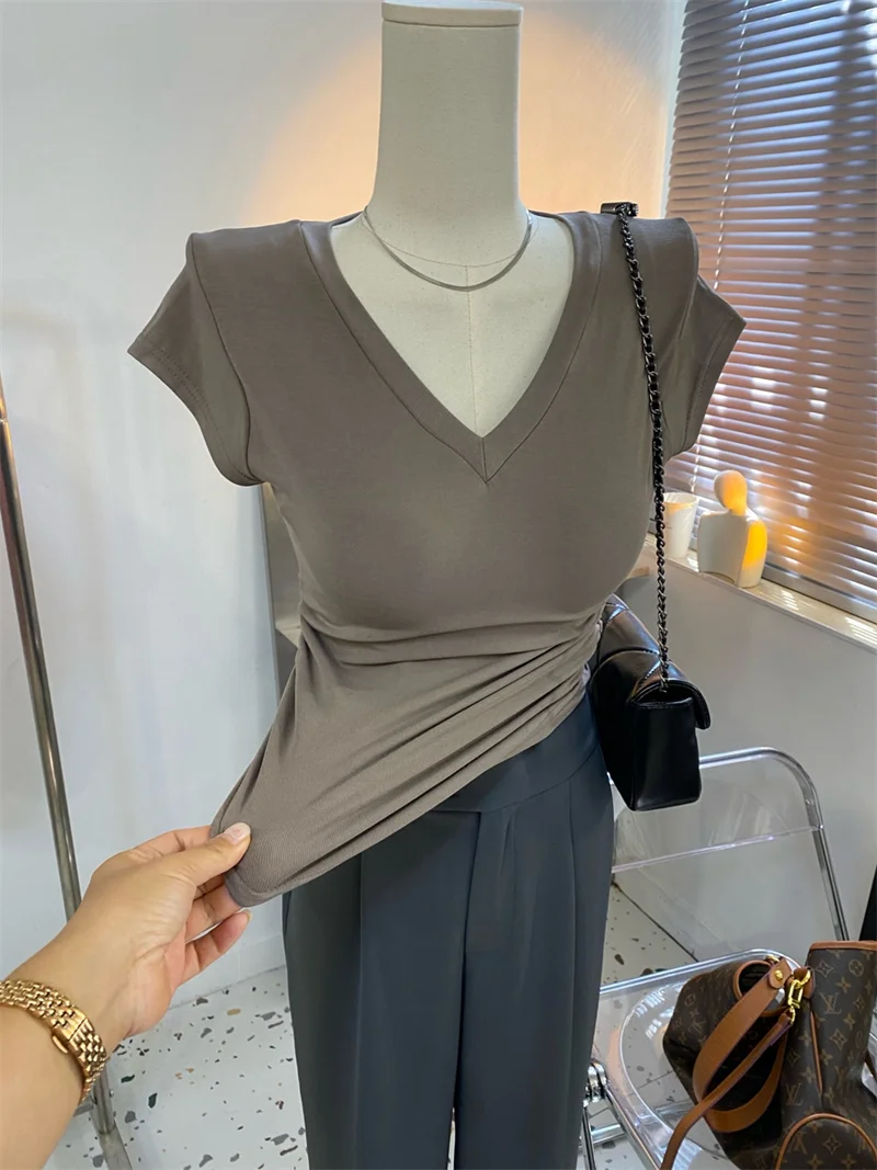 

Slim Fit Short Sleeve T-Shirt Women's Elastic Comfortable V-Neck Design Summer Top Pure Color Commute Style Korean Version