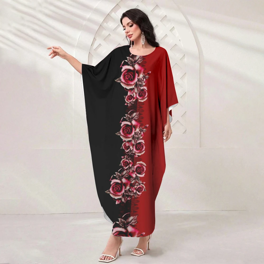 Fashion Muslim Elegant Robe Long Skirt Women's Rose Flower Print O Collar Elegant Temperament Dress Islamic Bat Sleeve Dress