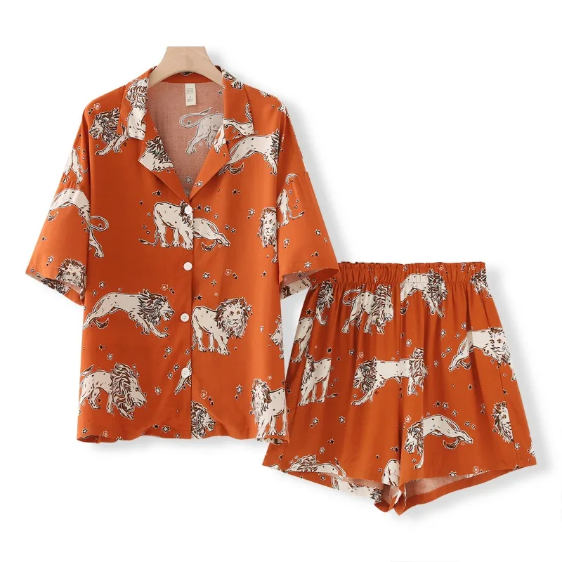 Ladies Short Sleeve Shorts Pajamas Set Comfortable Loungewear Long Loose Home Suit Orange Lion Printing Simulated Silk Sleepwear