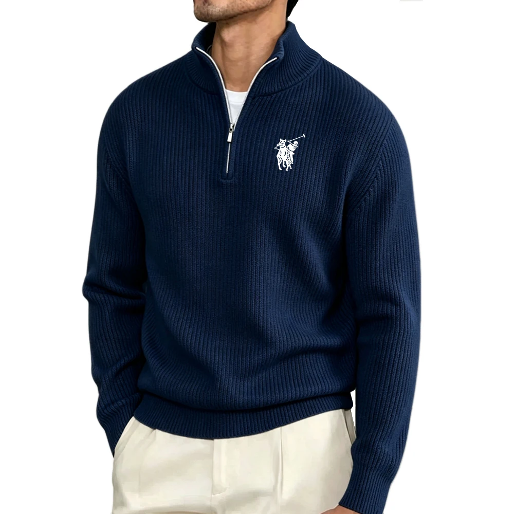 Spring New Mens Half‑Zip Polo Knit Sweater Long Sleeve Stand Collar Casual Business Pullover Fashion Print Tops