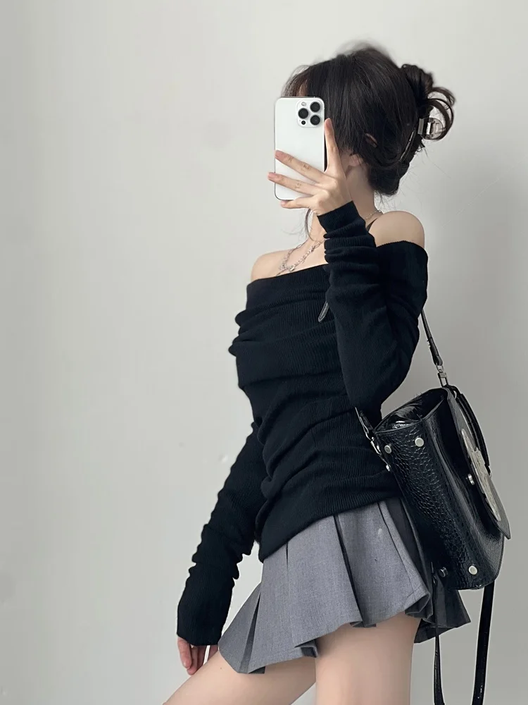 Retro Hong Kong Sle Sexy One oulder Large Collar Soft Cozy Long Sve Knitted Sweater Slim Fit Wine Red Spring Autumn