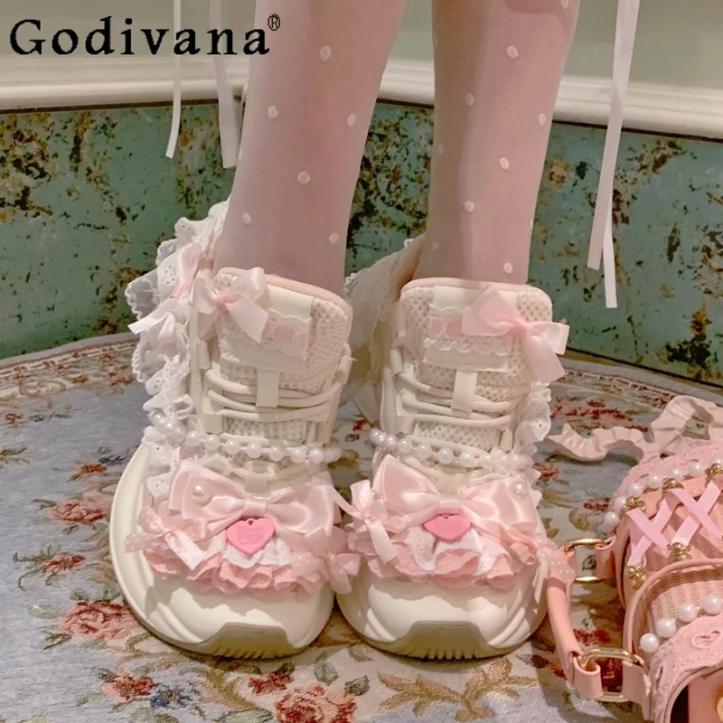 المرأة الارتفاع زيادة أحذية رياضية كاجوال الأصلي مقوس دانتيل اللؤلؤ الشريط أحذية الإناث لطيف الحلو سميكة سوليد لوليتا الأحذية