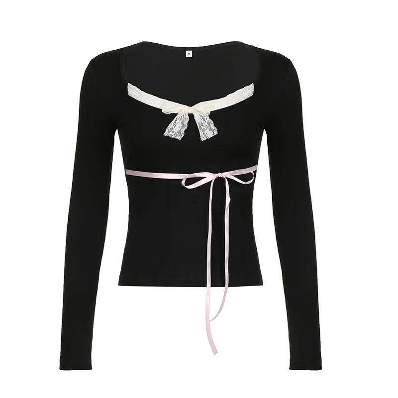 

Lace bow patchwork V-neck long sleeved contrasting color slim fitting lace up short T-shirt for women