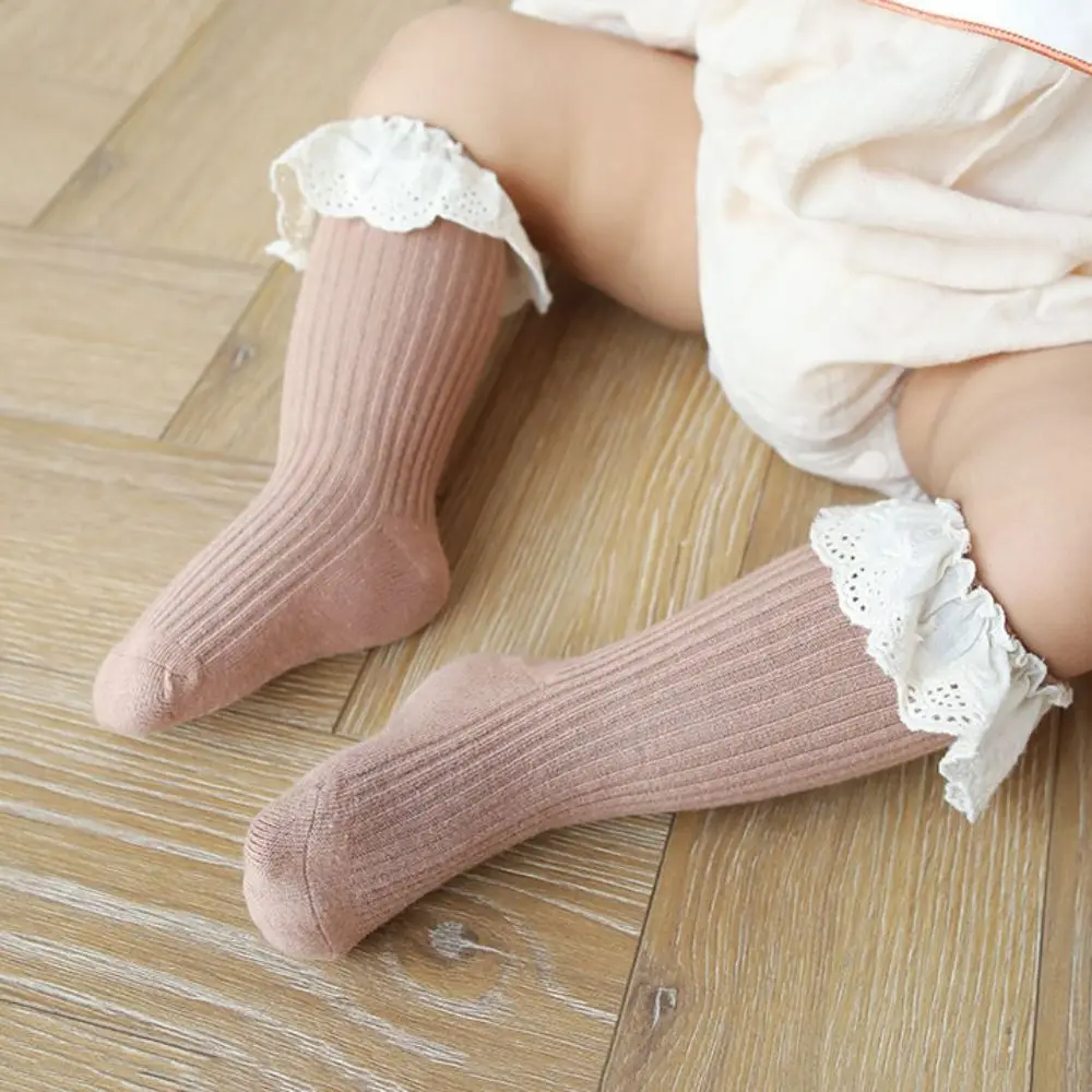 5Pairs Ruffled Edge Baby Calf Socks Baby Long Tube Stripe Infant Cotton Stockings Cotton Lace Trim Cartoon Above Knee Socks