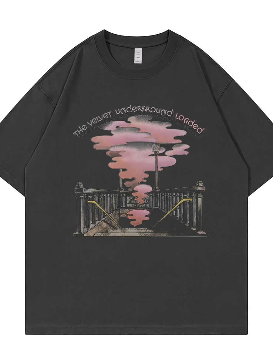 Retro American Street Style Velvet Band T-Shirt Loose Fit Cotton round Neck Short Sleeve Black Grey Rock Style Casual Top