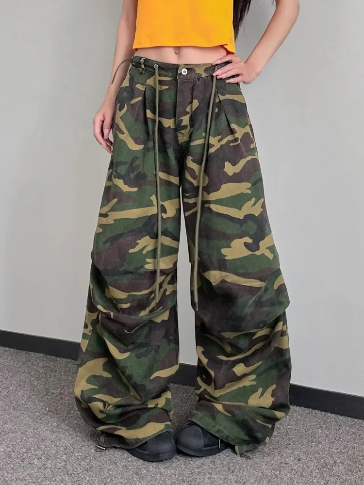

Камуфляжные мешковатые плиссированные джинсы в стиле Cyber Y2K 2025 года, женская одежда, женские брюки с широкими штанинами и завязками, Pantalon Femme
