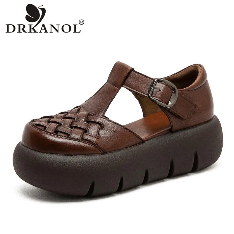 DRKANOL Handmade Weave Genuine Leather Sandals Women Wedges Heel Platform Round Toe Retro Sandals Ladies Casual Summer Shoes