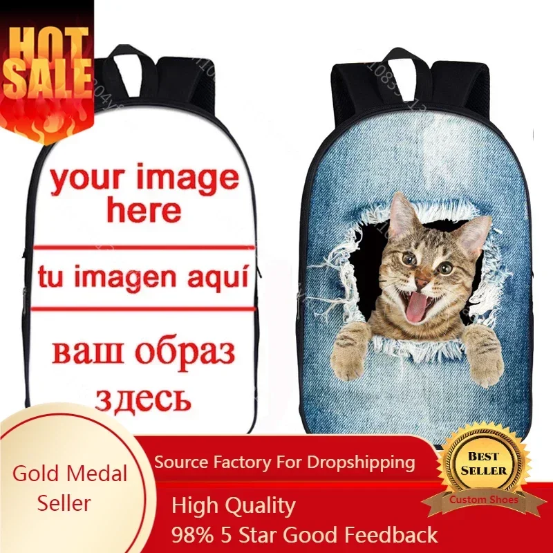 

16 inch Custom Your Image Logo Name School Bag for Girls Backpack Cute Puppy Dog / Kitten Cat Travel Backpack