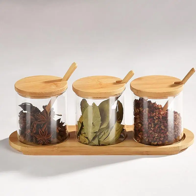 Seasoning Tank Glass Bamboo Holder Oil Salt Sugar Jar Seasoning Bottle Seasoning Box Kitchen Supplies Pot Series Spice Tools